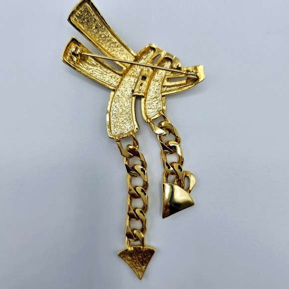 Art Deco Brooch Dangle Cuban Links Goldtone Vintage Statement Pin Large - Picture 6 of 7